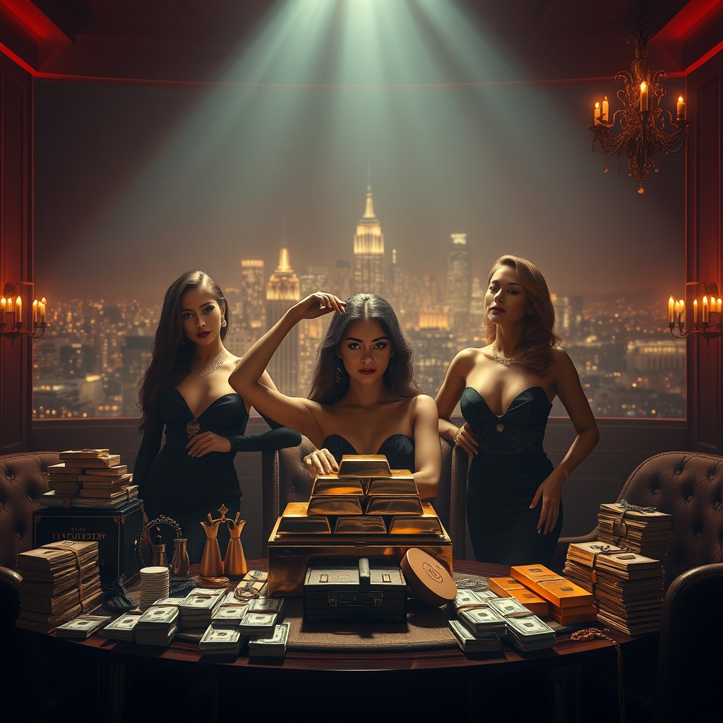A cinematic music cover art set in a luxurious, dimly lit environment that symbolizes themes of money, respect, women, and power
