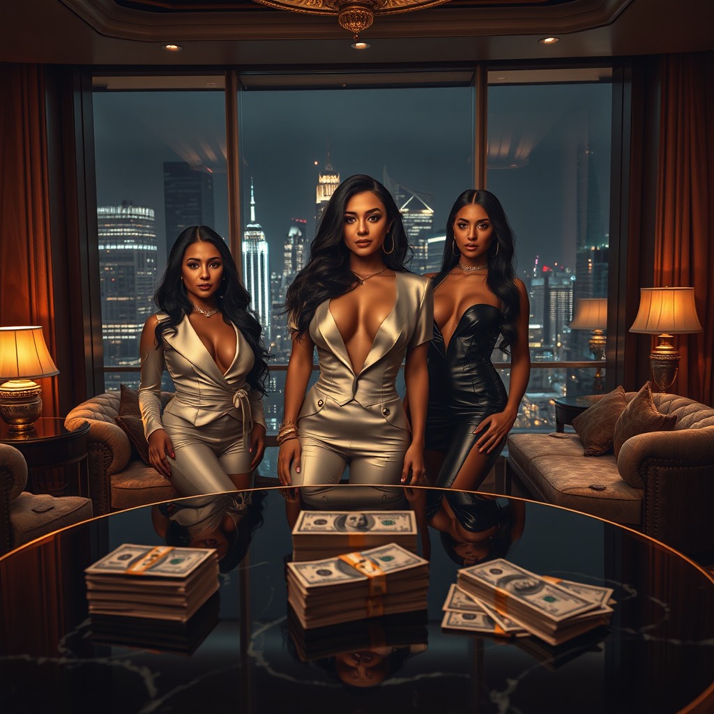 A strikingly cinematic cover art for the music industry, featuring a luxurious scene that embodies themes of money, respect, women, and power