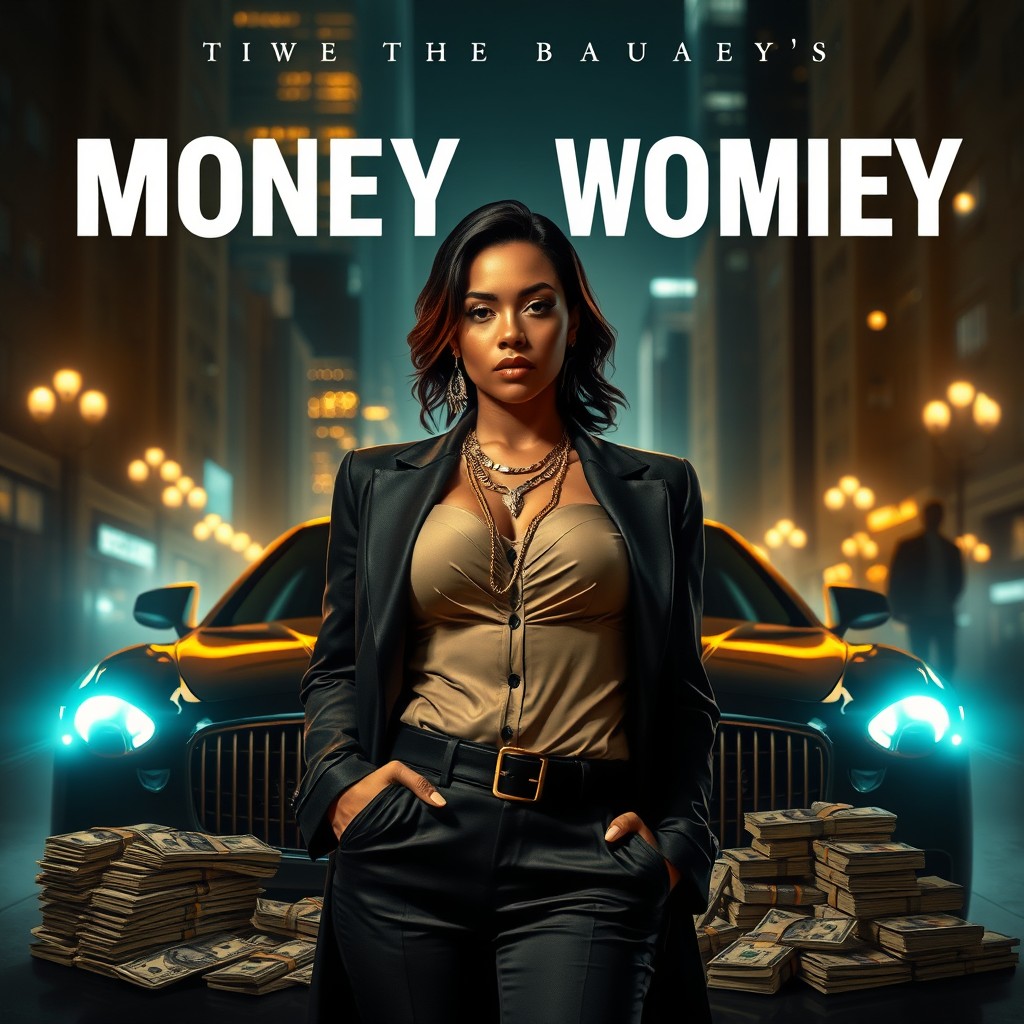 A cinematic music cover art featuring themes of money, respect, women, and power