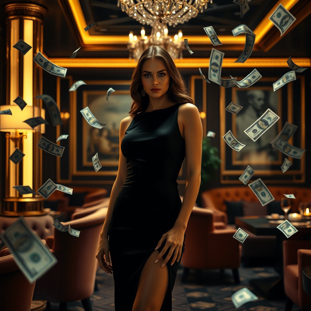 A cinematic music cover featuring a lavish scene that embodies themes of money, respect, women, and power