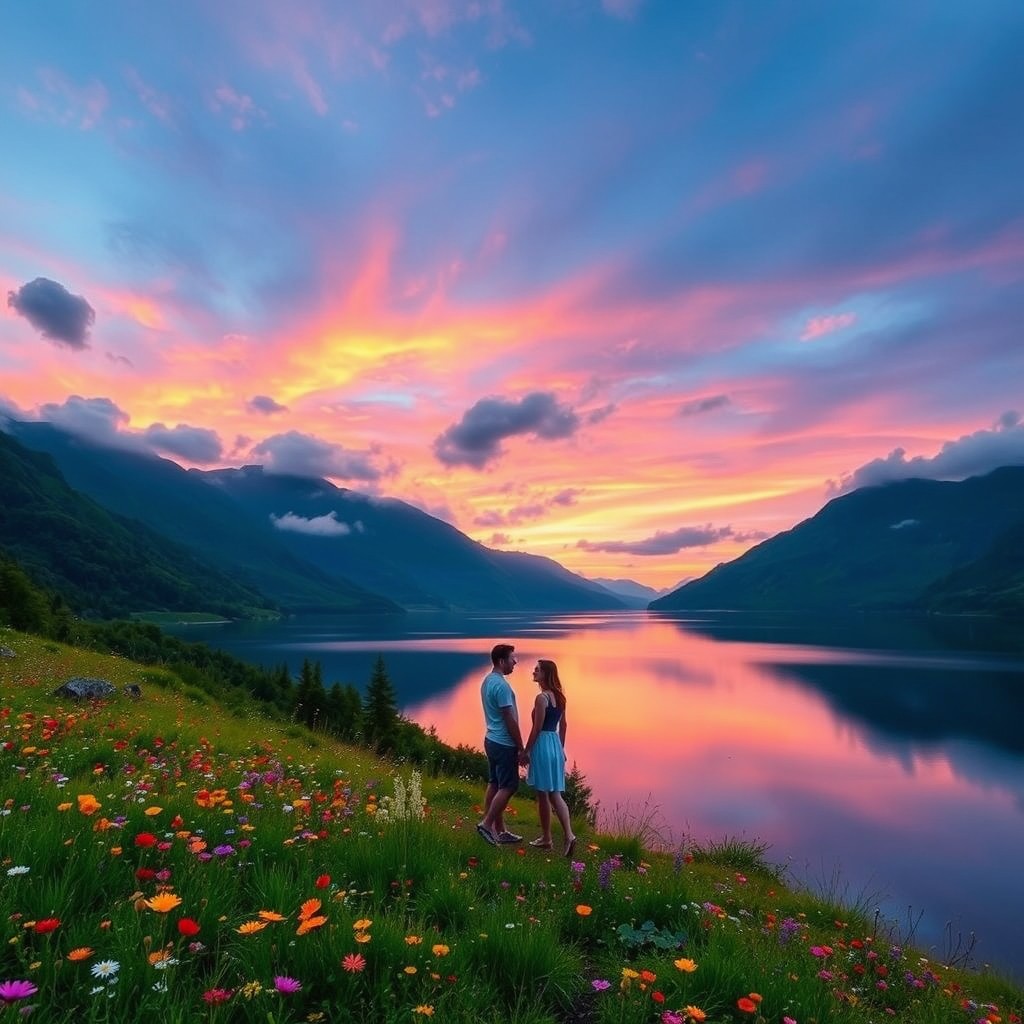 A breathtaking landscape with vibrant colors during sunset, showcasing a serene lake surrounded by lush green mountains