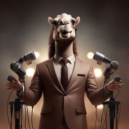 A humanoid figure with camel-like features, elegantly dressed in a suit, speaking into a cluster of microphones