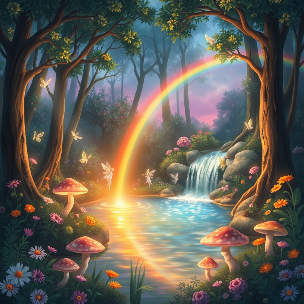 A whimsical scene depicting a magical forest at twilight, filled with enchanting creatures like fairies and glowing mushrooms