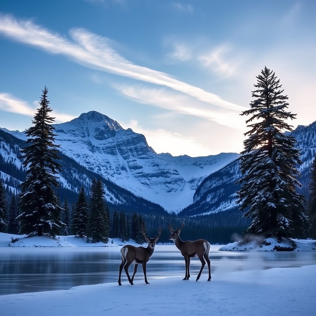 A majestic snow-covered mountain landscape at sunrise, with a clear blue sky and soft wisps of clouds