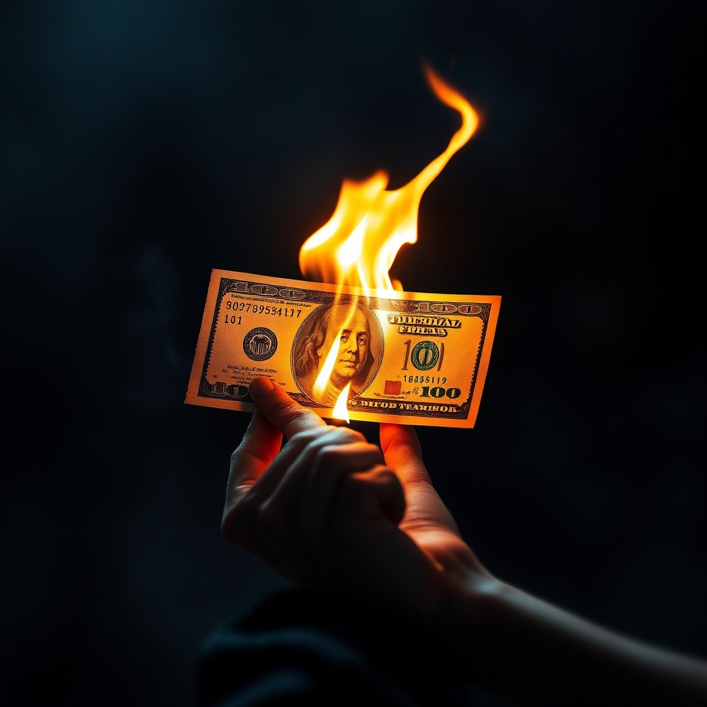 A realistic music cover art design featuring a burning 100 dollar bill held delicately by a woman’s hand