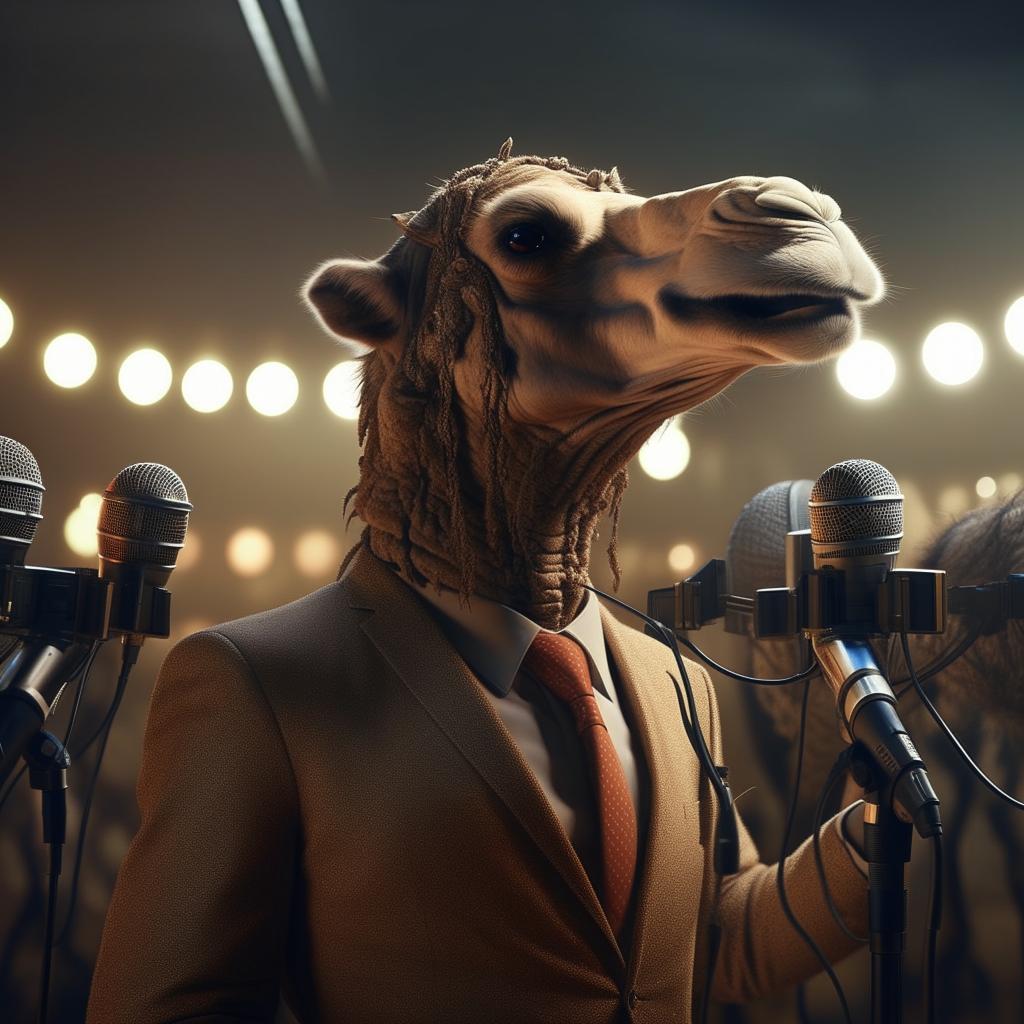 A humanoid figure with camel-like features, elegantly dressed in a suit, speaking into a cluster of microphones