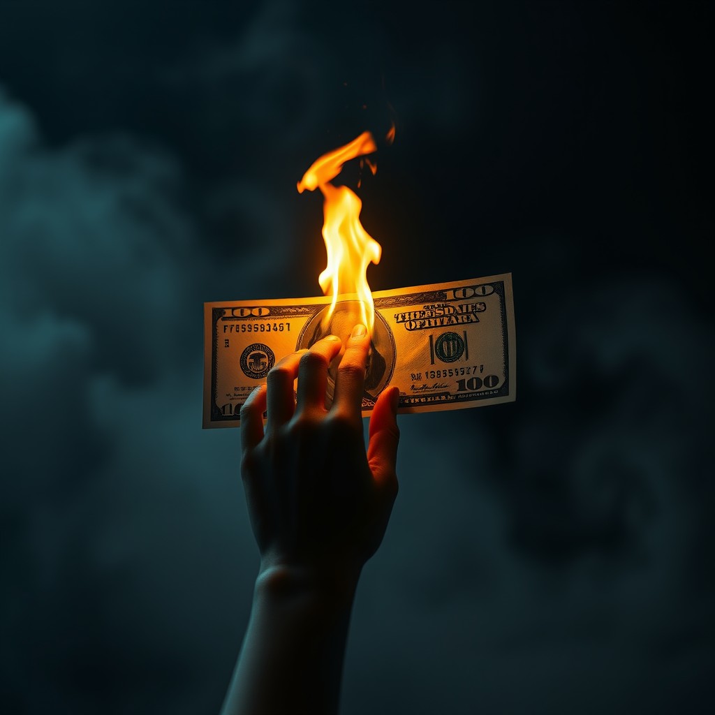 A realistic music cover art featuring a burning 100 dollar bill with a girl's hand delicately touching it
