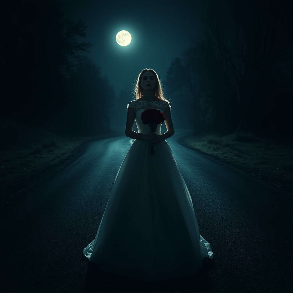 A dark and eerie scene featuring a beautiful blonde bride in a white wedding dress standing in front of the viewer, wandering down a deserted road at night