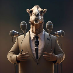 A humanoid figure with camel-like features, elegantly dressed in a suit, speaking into a cluster of microphones