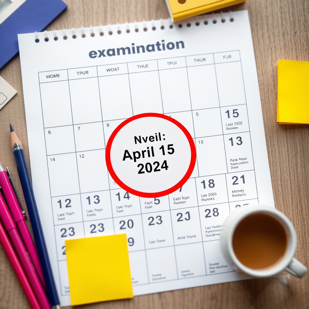 A detailed calendar sheet showing various examination dates, with one specific date highlighted prominently