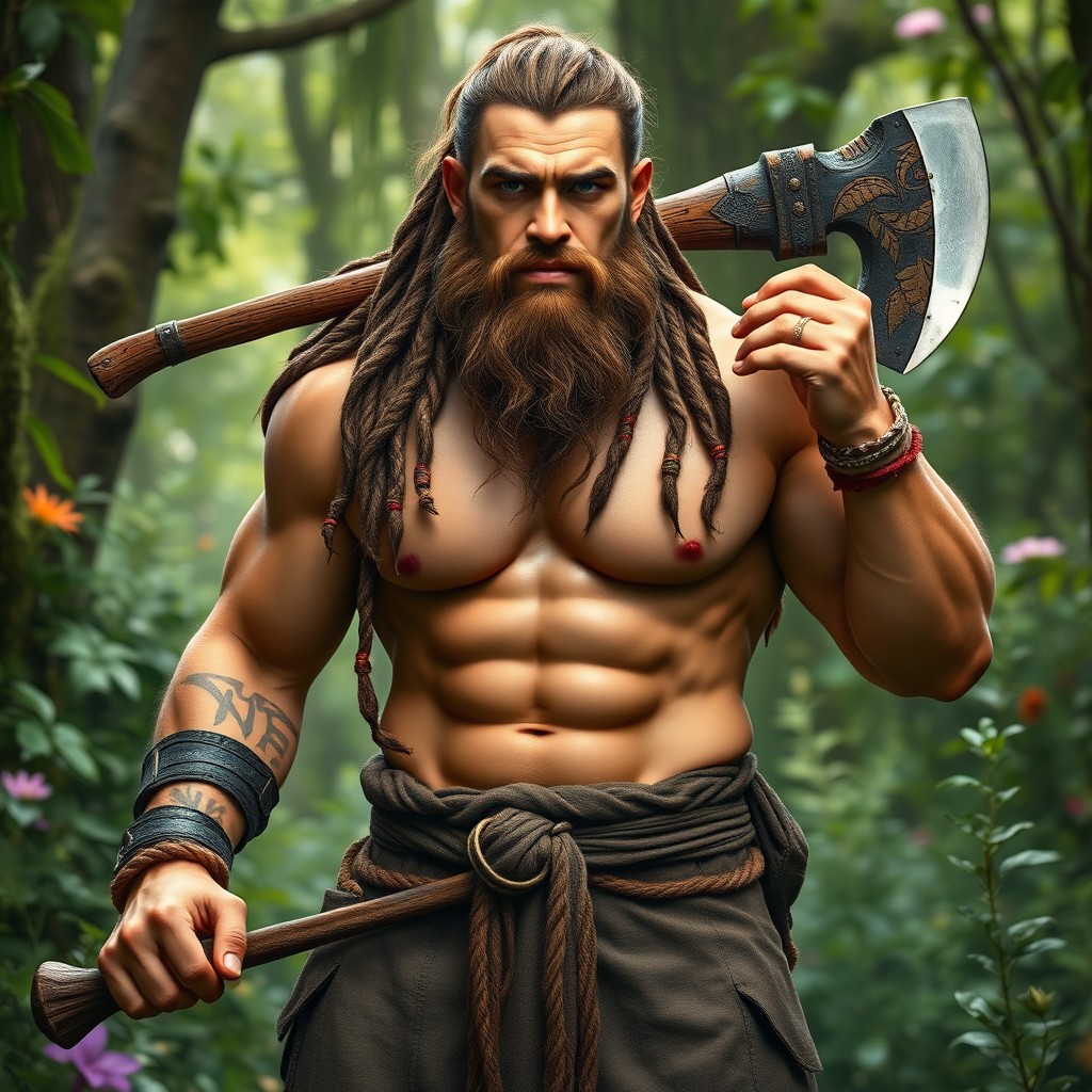 A tall and muscular half-orc druid in his 30s standing proudly in a lush forest setting