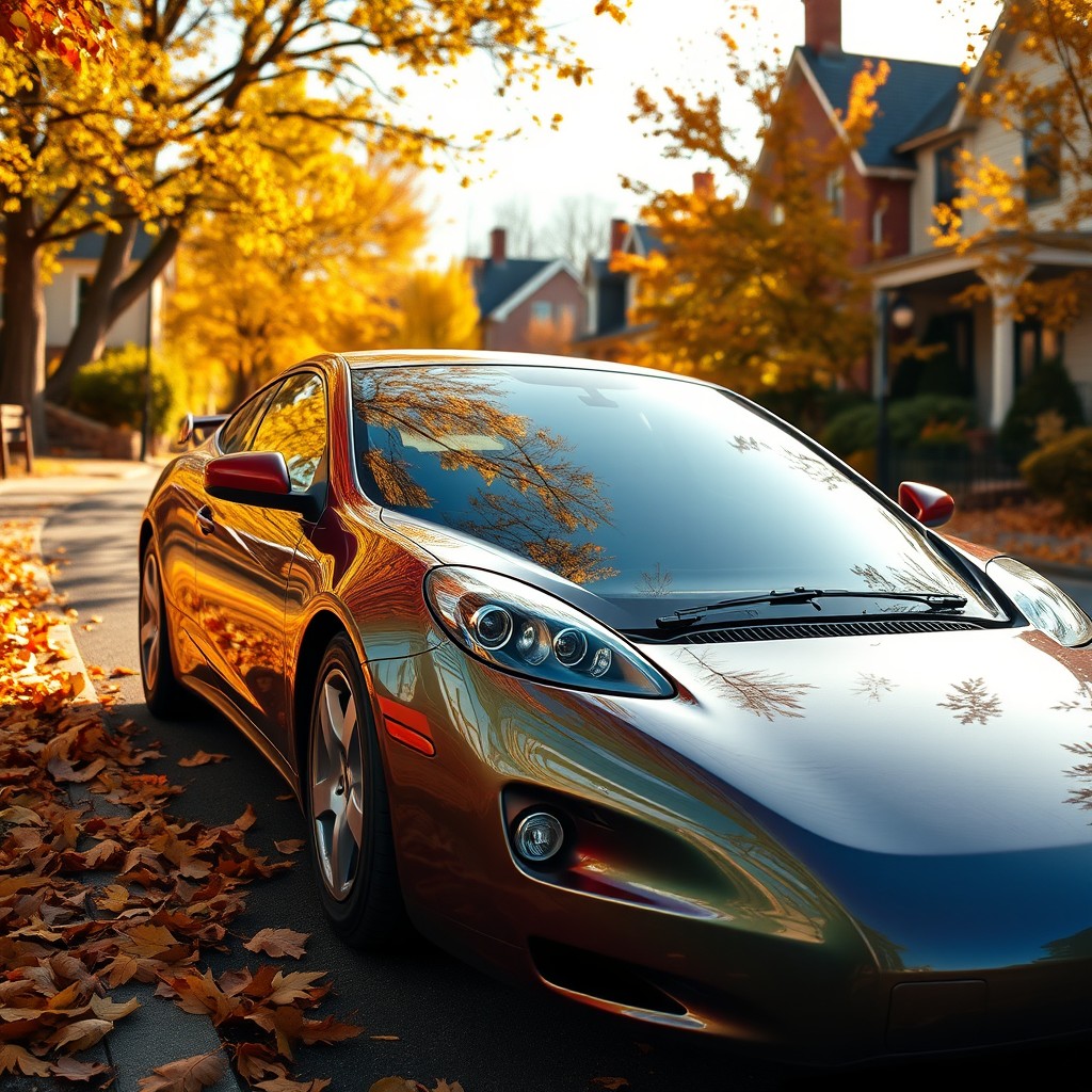 A realistic scene depicting a 2006 model car parked on a street, surrounded by autumn leaves