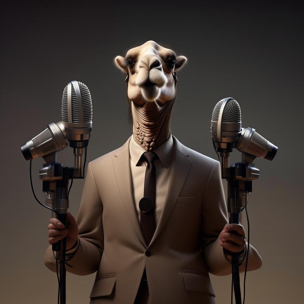 A humanoid figure with camel-like features, elegantly dressed in a suit, speaking into a cluster of microphones