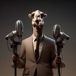 A humanoid figure with camel-like features, elegantly dressed in a suit, speaking into a cluster of microphones