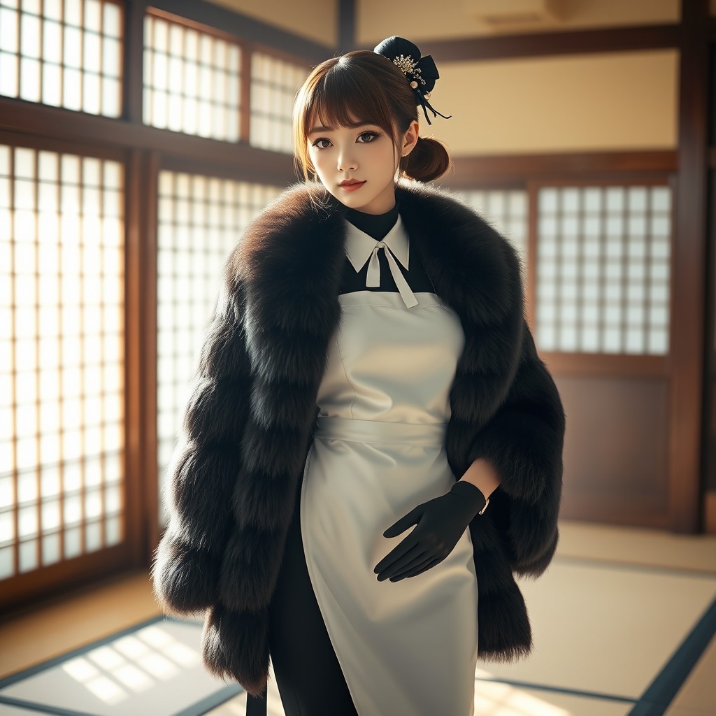 A fashionable Japanese maid wearing a luxurious fur coat, standing gracefully in a traditional Japanese room