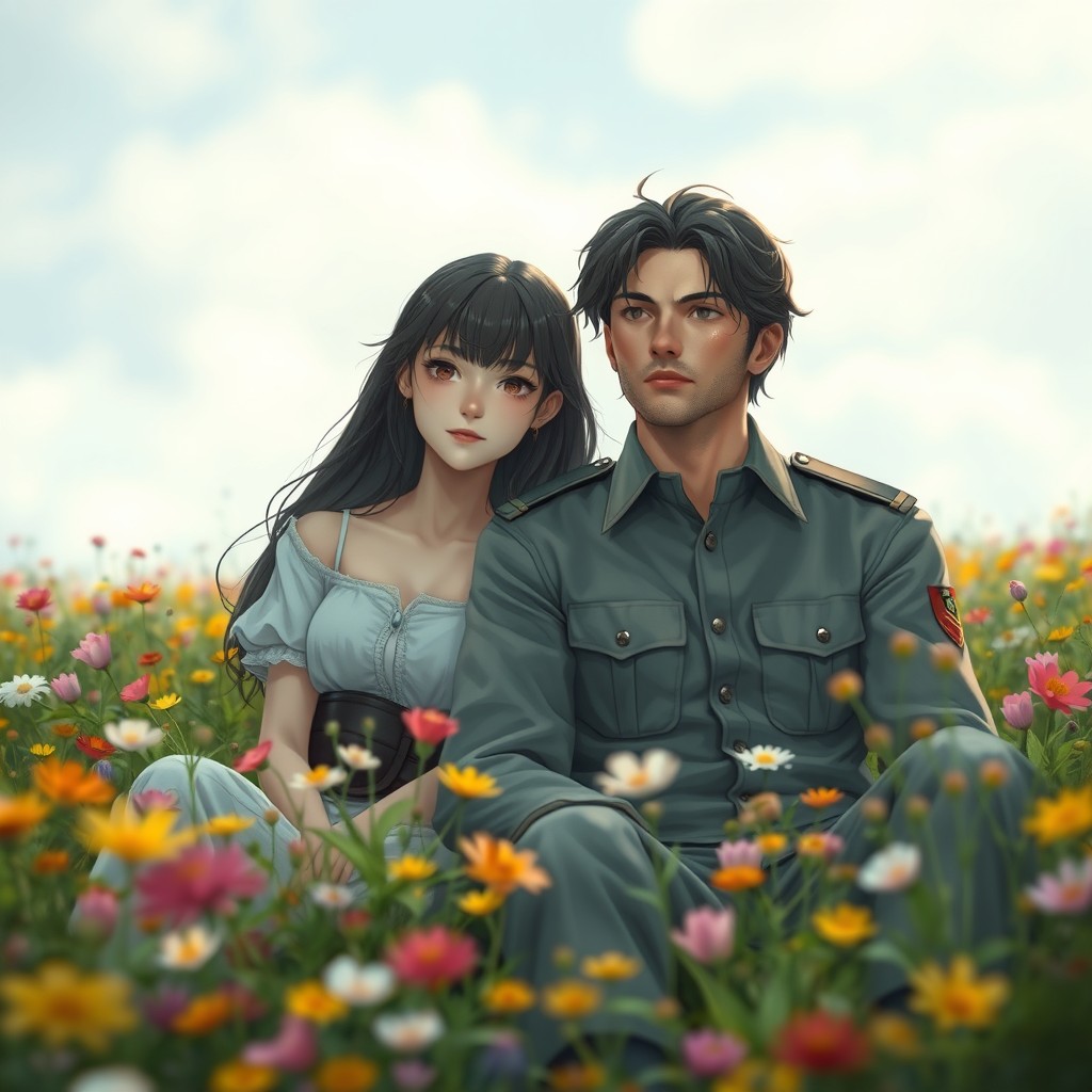 A realistic portrayal of two characters sitting in a field of flowers, captured from a distance of two meters away, ensuring their facial features remain unchanged and lifelike