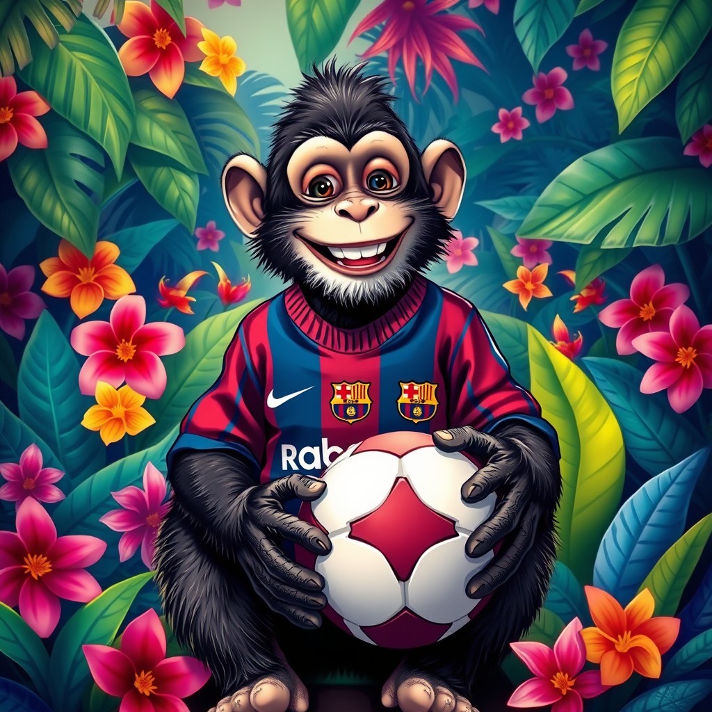 A playful monkey wearing an FC Barcelona sweater, sitting in a vibrant tropical jungle environment, with colorful flowers and lush green leaves surrounding it