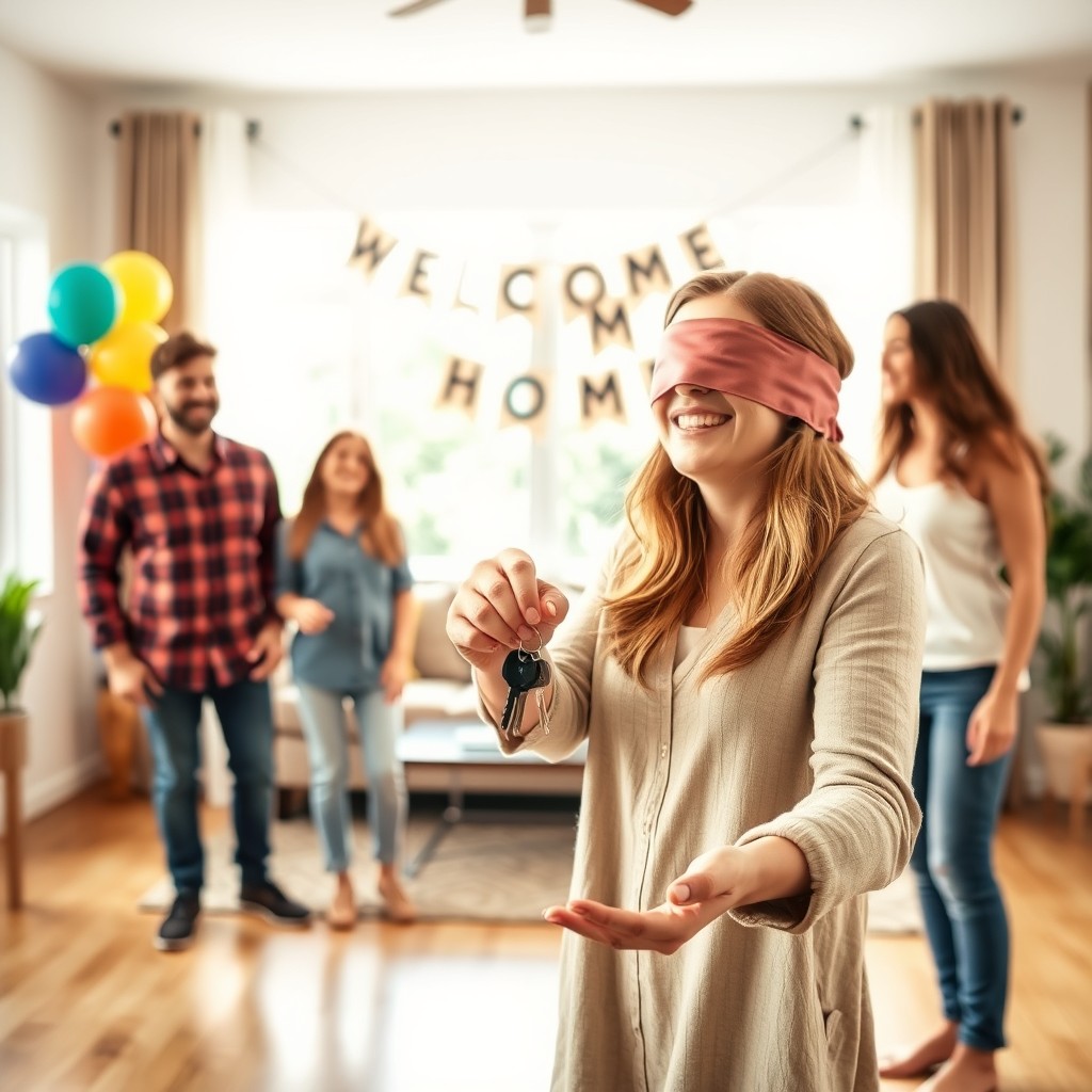 A loving mother with her eyes blindfolded, standing in a bright and cheerful living room, eagerly waiting for her grown children to hand her the keys to their new house
