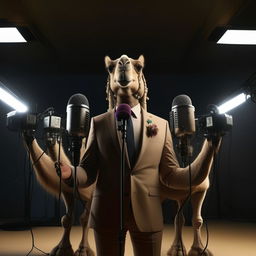 A humanoid figure with camel-like features, elegantly dressed in a suit, speaking from behind a cluster of microphones