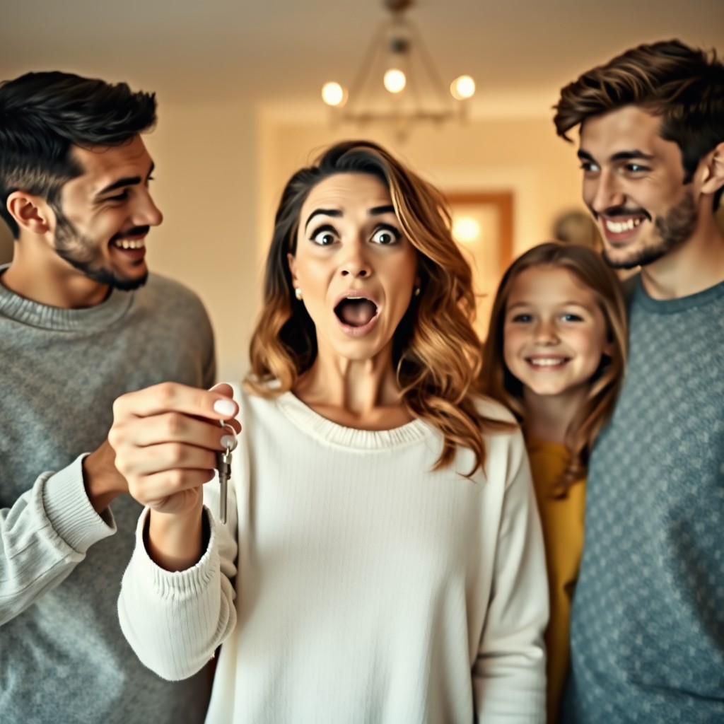 A surprised mother receiving keys to her new house from her grown children