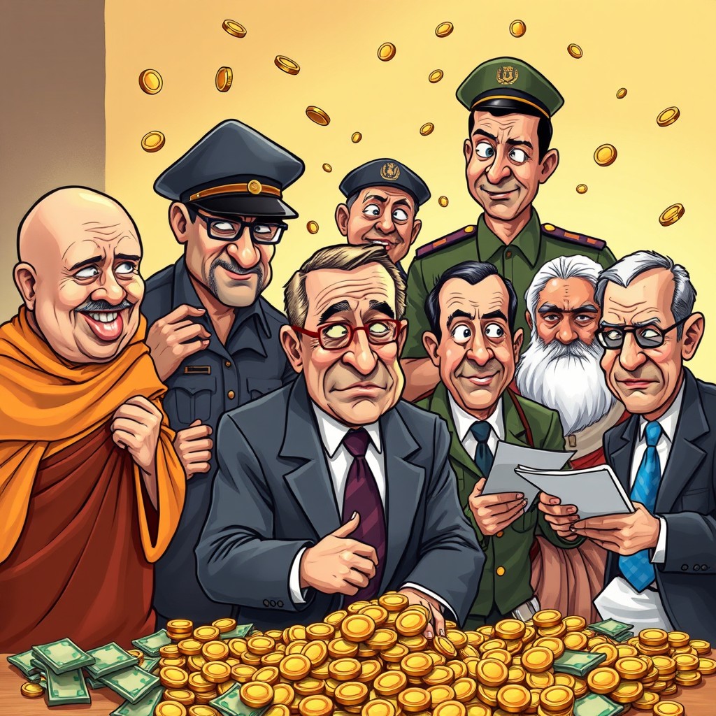 A satirical illustration of a diverse group of individuals representing different professions: a monk, a pastor, a police officer, an army soldier, a politician, a swami, and a lawyer