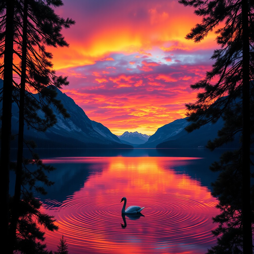 A stunning high-resolution landscape showing a vibrant sunset over a serene lake, surrounded by majestic mountains