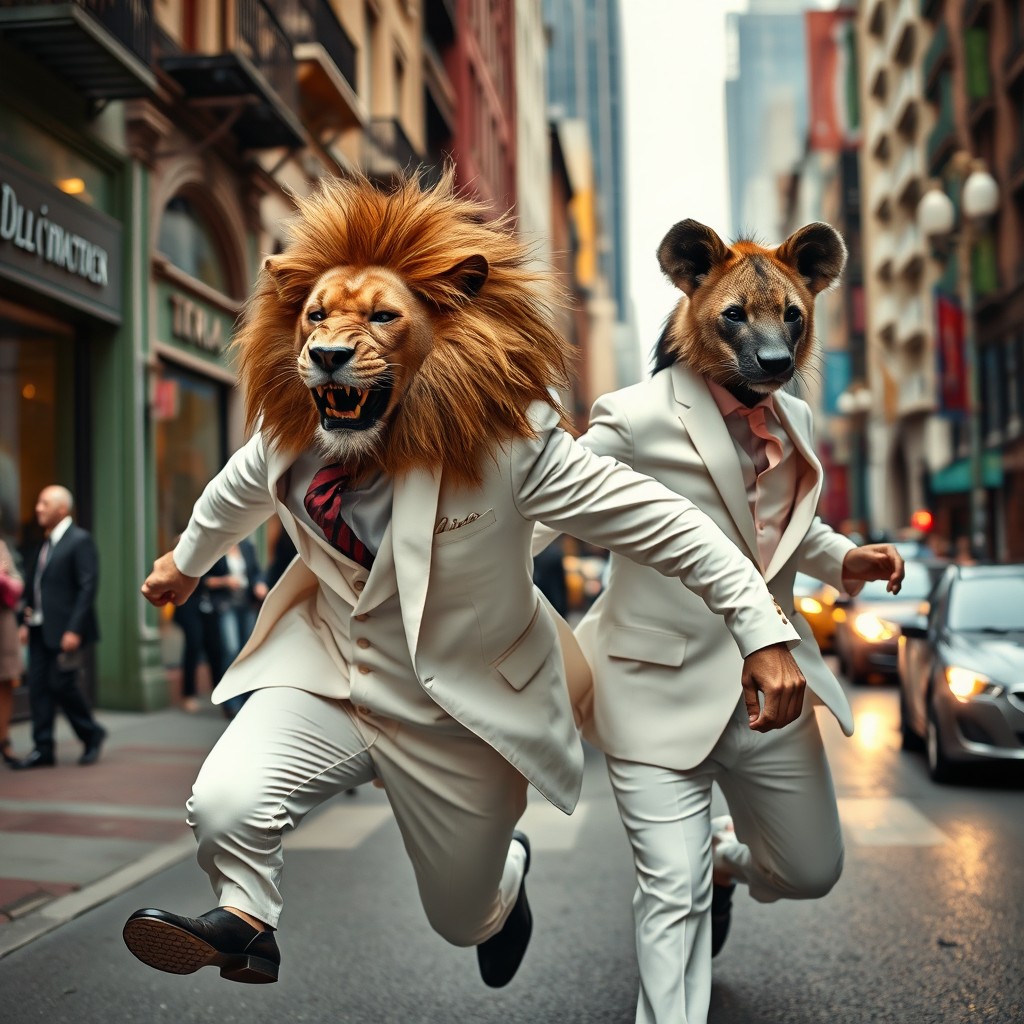 A surreal scene featuring a man dressed in an elegant white suit with a lion's head, energetically chasing another man who is also in a chic white suit but has a hyena's head