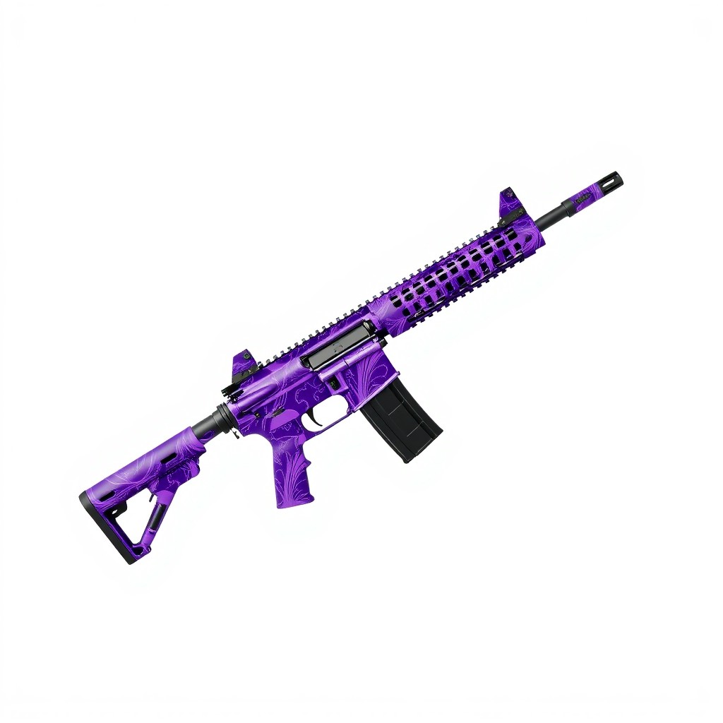 An M4A4 assault rifle featuring a beautiful purple pattern, intricately designed with detailed graphics that enhance its aesthetic appeal