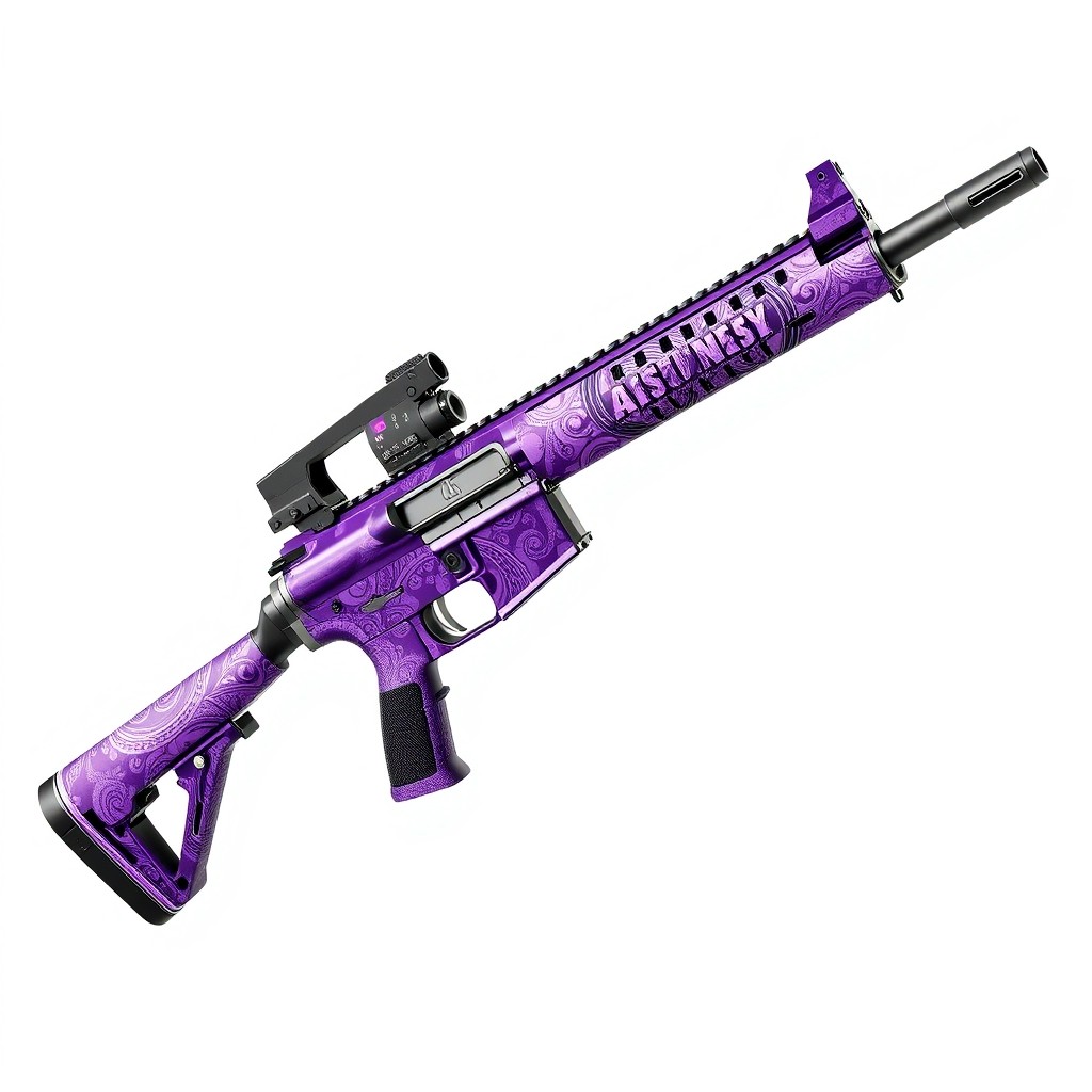 An M4A4 assault rifle featuring a beautiful purple pattern, showcasing intricate designs and textures on the gun's body