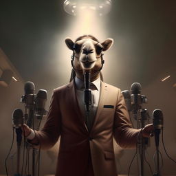 A humanoid figure with camel-like features, elegantly dressed in a suit, speaking from behind a cluster of microphones