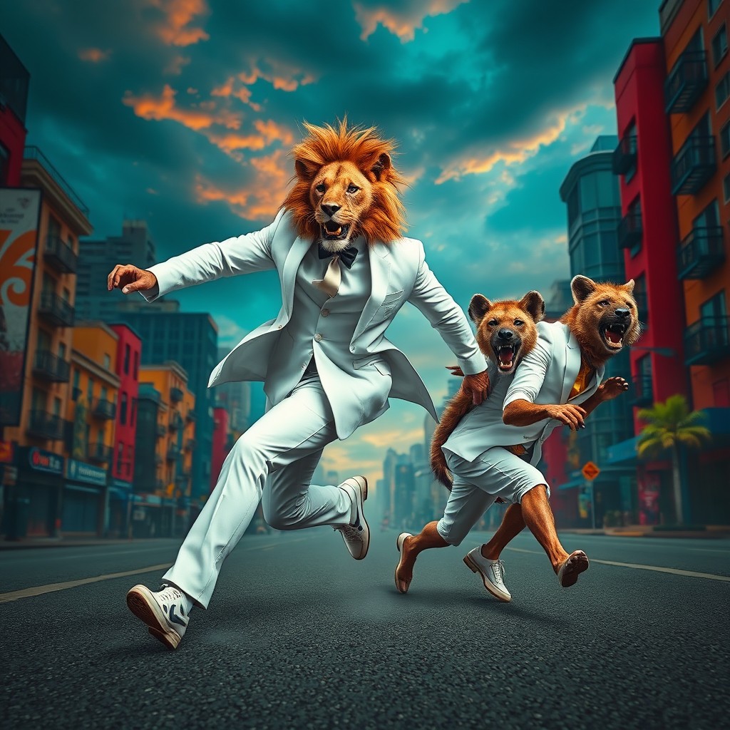 A surreal scene depicting a man dressed in a white suit with a lion head, energetically chasing another man also in a white suit but with a hyena head
