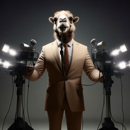 A humanoid figure with camel-like features, elegantly dressed in a suit, speaking from behind a cluster of microphones