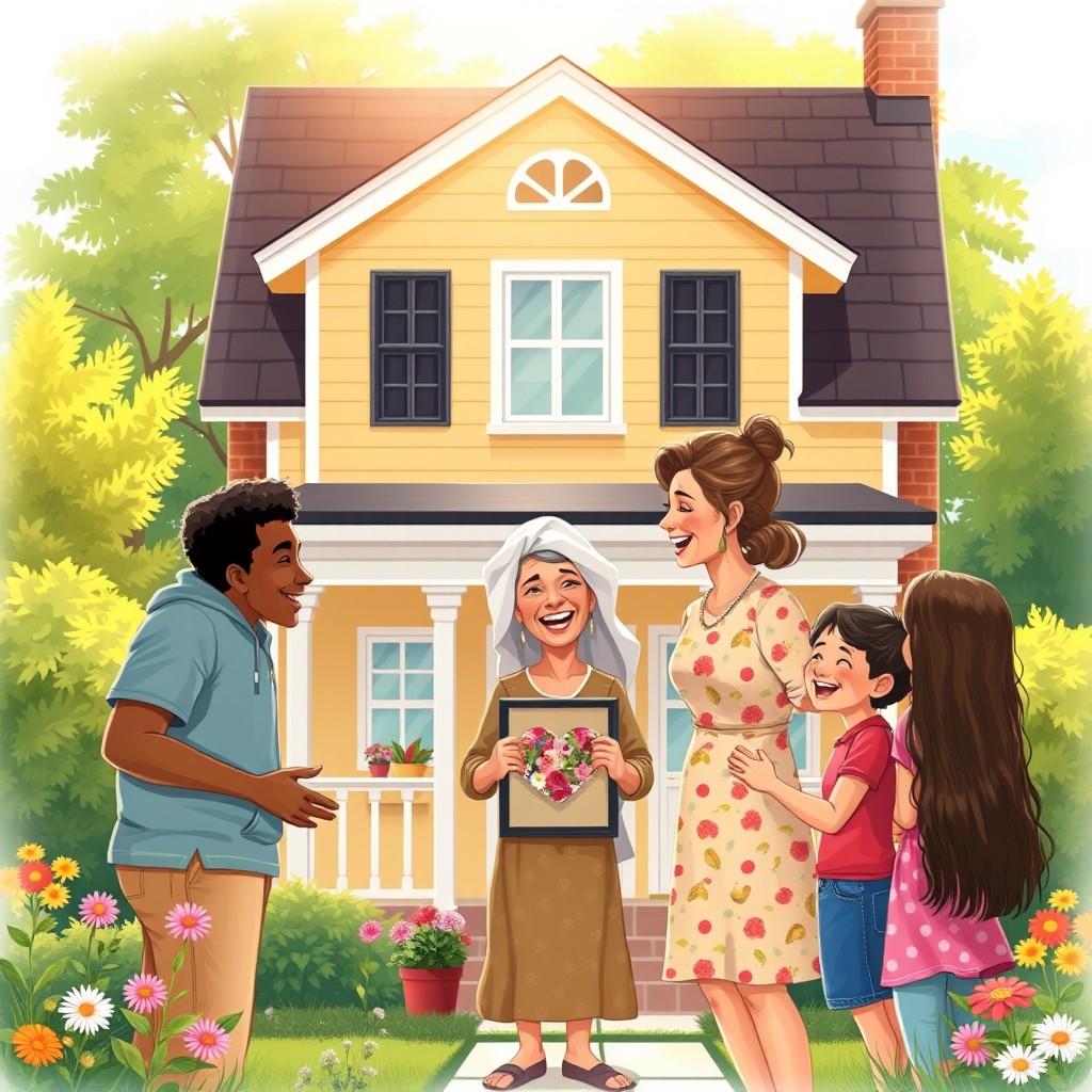 A heartwarming scene depicting grown children of various ethnicities joyfully presenting a beautiful house to their mother in a cheerful garden setting