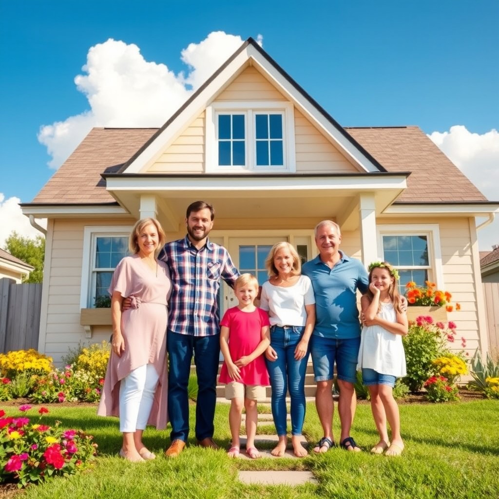 A warm and joyful family portrait in front of their charming house, featuring a diverse group of smiling adults and children, all enjoying a sunny day