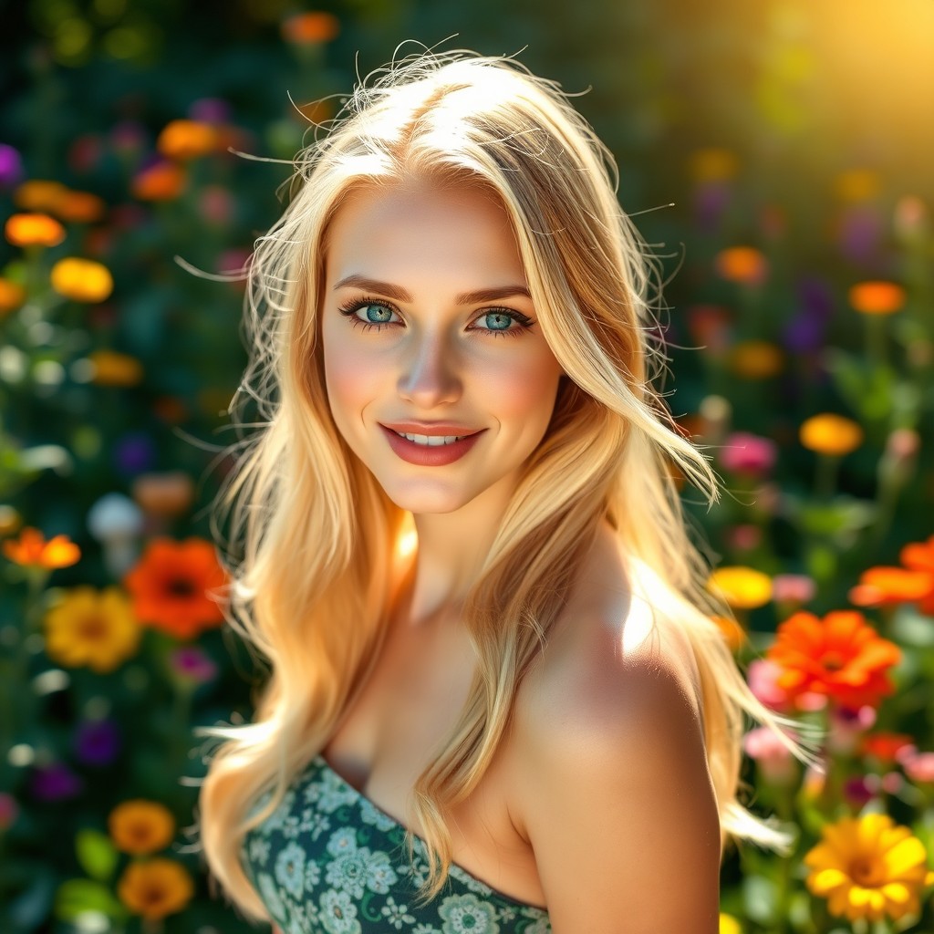 A beautiful young blonde woman, radiating charm and elegance, with flowing golden hair cascading over her shoulders