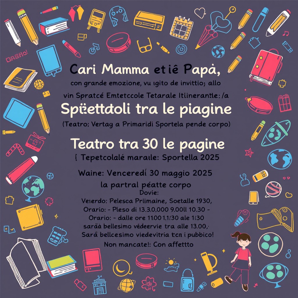 A beautifully designed invitation card featuring a background with colorful school-themed doodles such as books, pencils, globes, and playful drawings of children at school