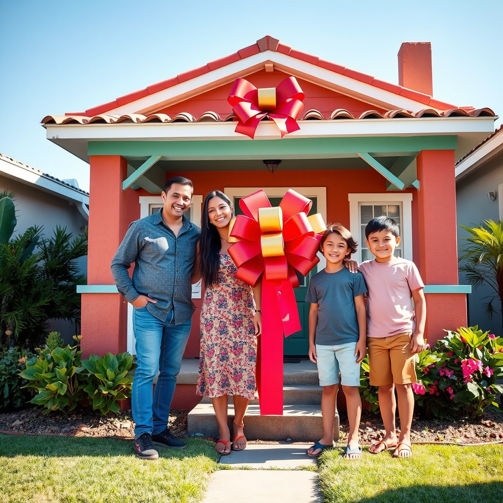 A joyful Latino family gathered together in front of their charming house decorated with a large colorful gift bow