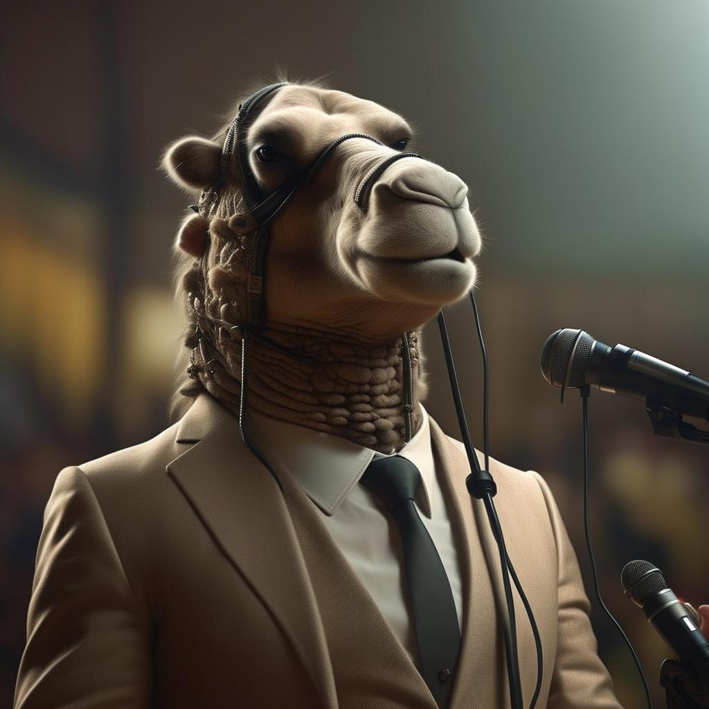 A humanoid figure with camel-like features, elegantly dressed in a suit, speaking from behind a cluster of microphones