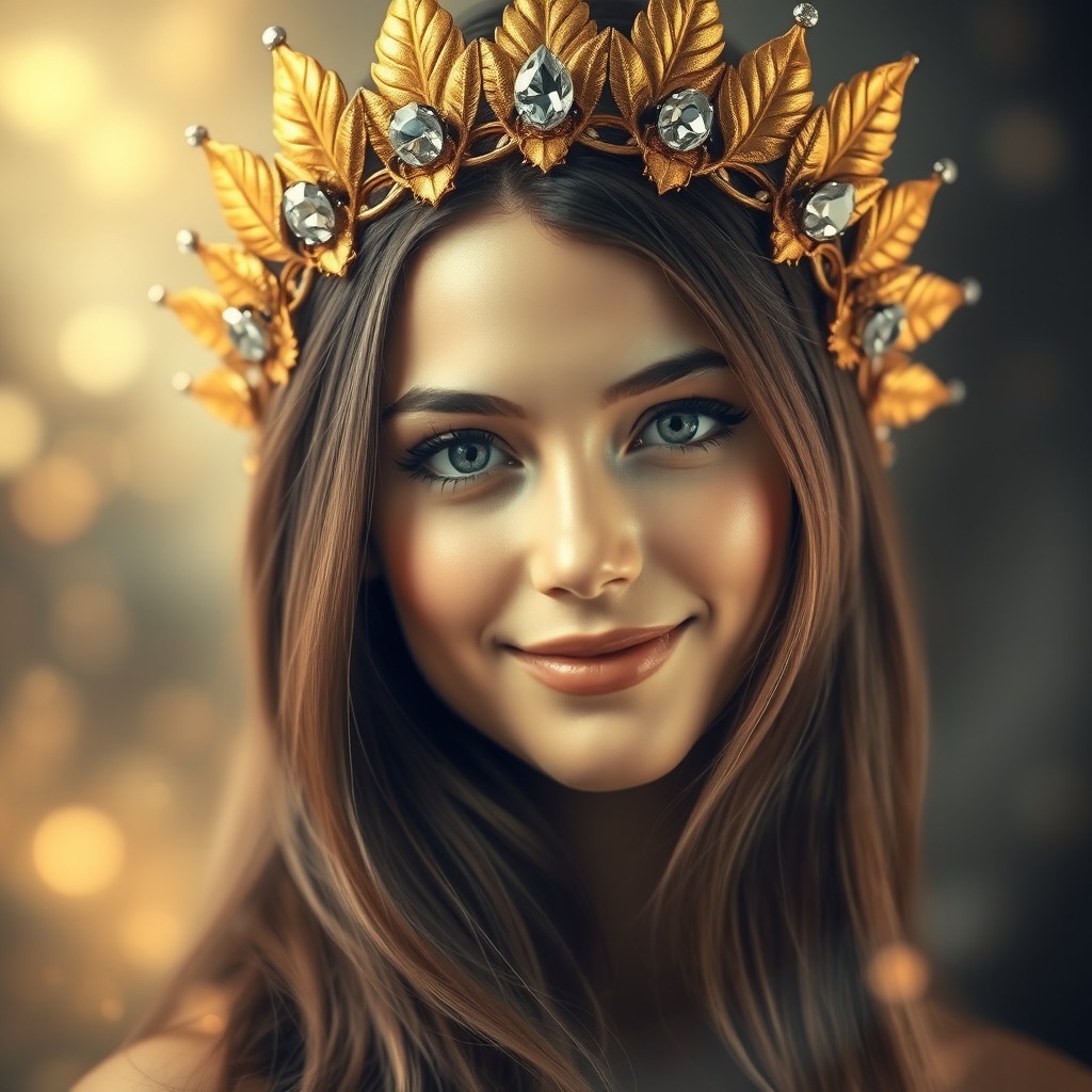 An artistic portrait of a person wearing a stunning crown made of golden leaves and jewels, the person has a gentle expression on their face