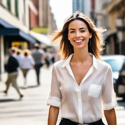 A beautiful woman walking on a lively city street during the day.