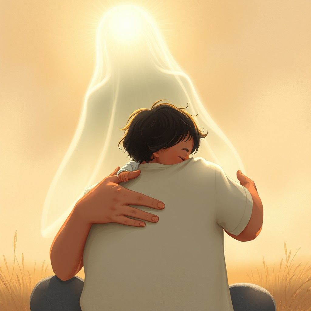 A peaceful and emotional illustration of a person gently hugging their inner child, with an aura of love and warmth surrounding them