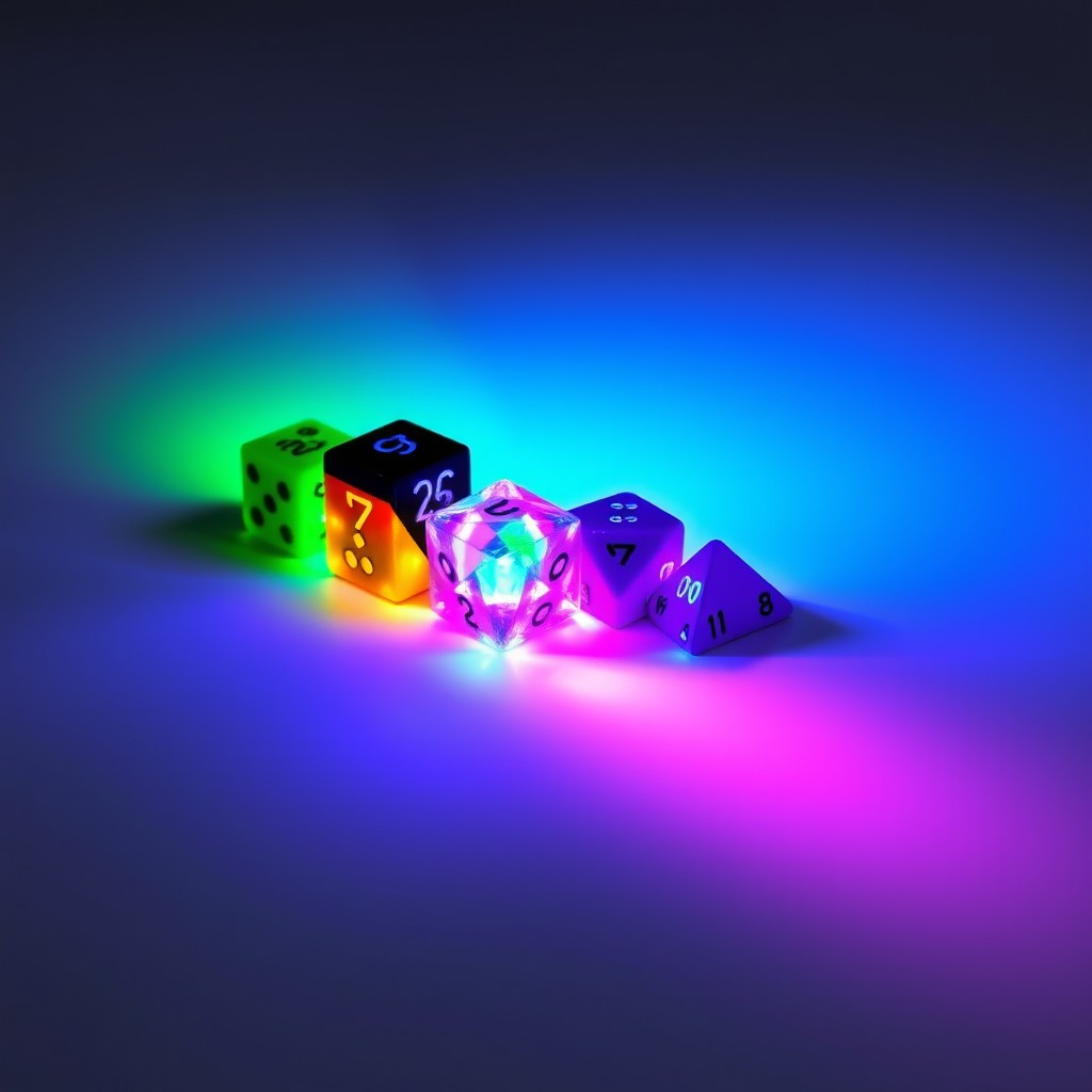 A collection of D&D dice aligned at an angle, transitioning through a vibrant rainbow color gradient