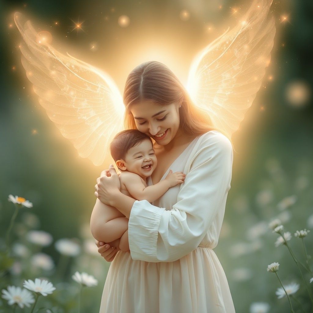 A serene and emotional scene depicting a woman gently hugging her inner child, who appears small and vulnerable, wearing a joyful expression