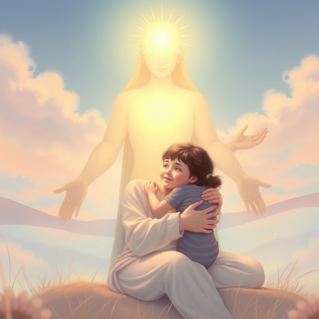 A serene and emotional scene depicting a woman gently hugging her inner child, who looks up with questioning eyes, asking, "Why is this so hard?" The woman exudes warmth and love, wearing a soft, comforting outfit