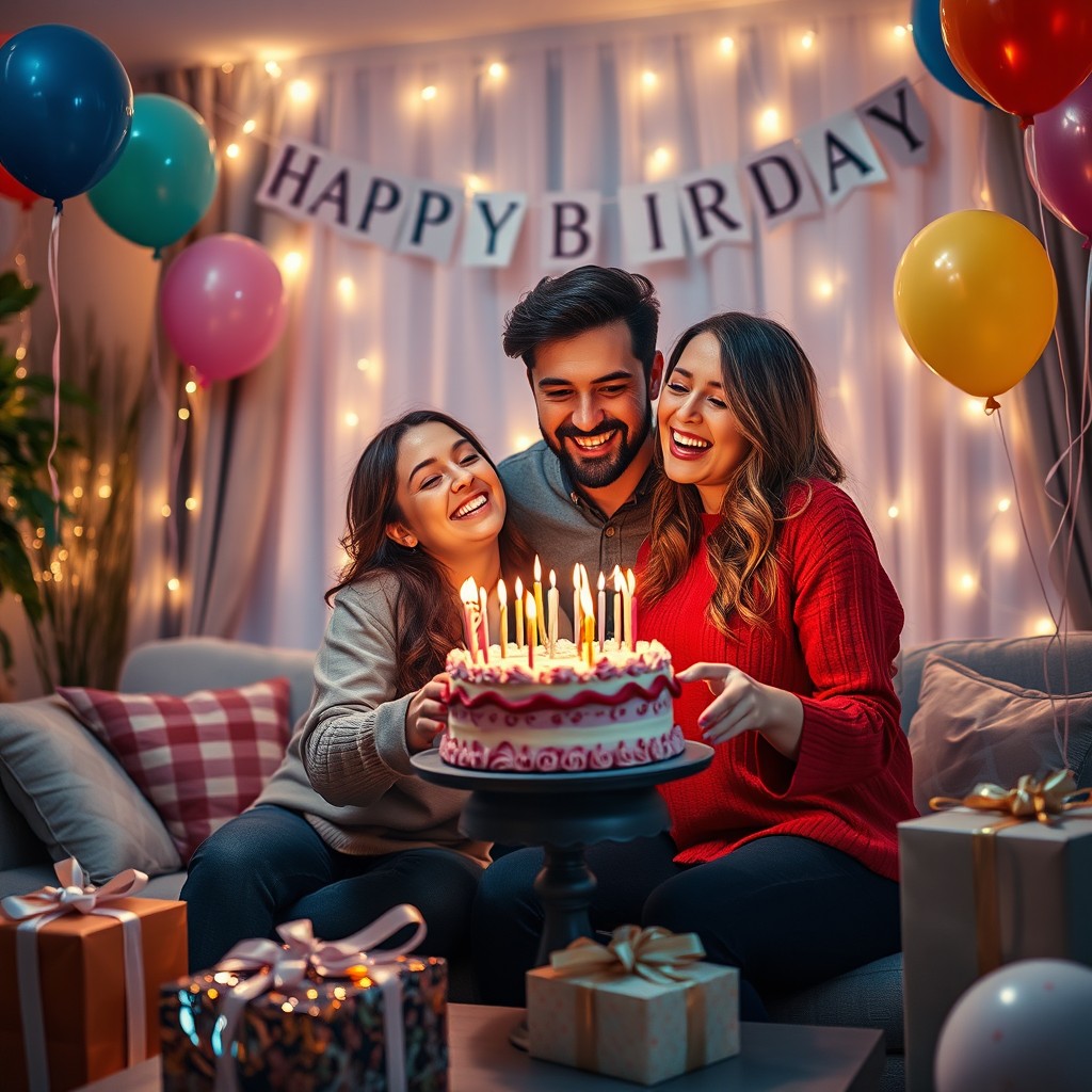 An artistic birthday celebration scene for a boyfriend, featuring a cozy living room decorated with colorful balloons, a beautiful cake with candles, and a warm ambiance