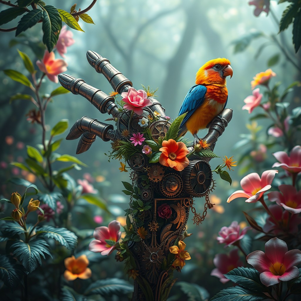 A striking surrealistic artwork depicting a mechanical hand intricately fused with elements of nature and animal forms