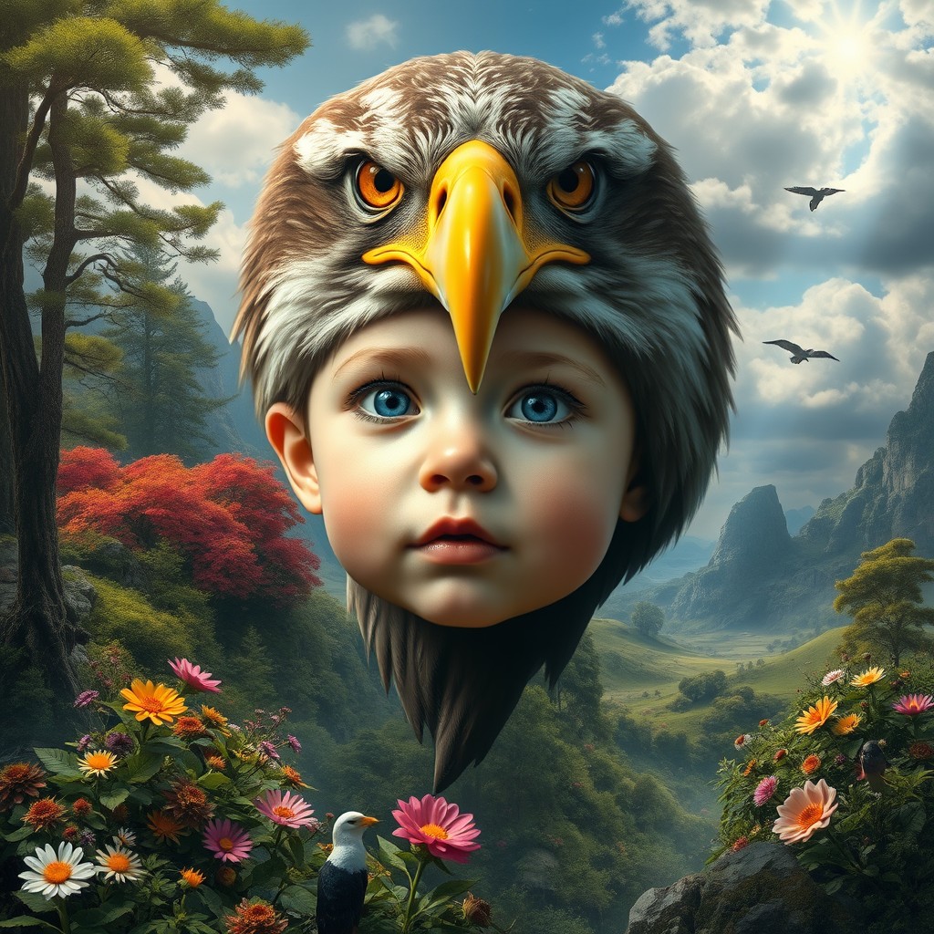 A captivating surrealistic artwork featuring the head of a child artfully fused with the majestic features of an eagle, set against a backdrop rich with elements of nature