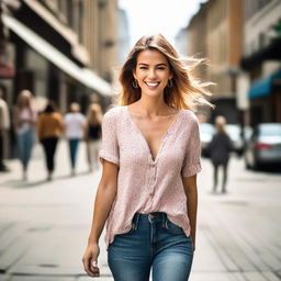 A beautiful woman walking on a lively city street during the day.