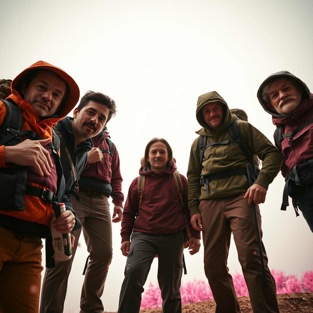 A hyperrealistic vertical flash photograph of a group of hikers, captured with a harsh direct flash that flattens details and casts strong sculptural shadows