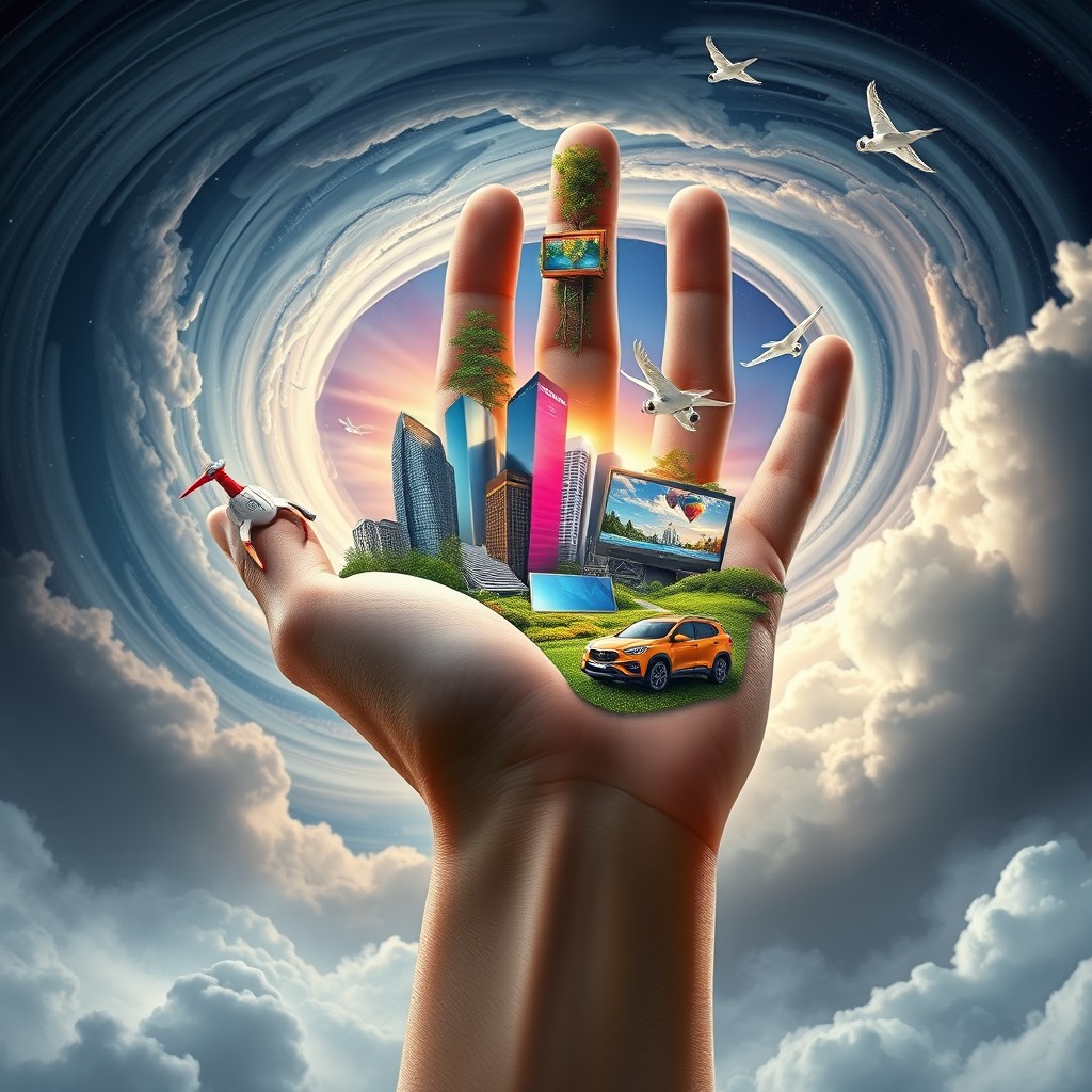 A surrealistic artwork featuring a human hand, intricately detailed, with various elements of a modernized world emerging from the palm